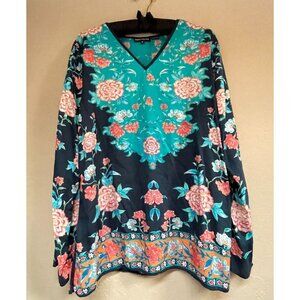 Tolani Collection Womens Medium V-Neck Floral Print Long Sleeve Woven Top Blouse